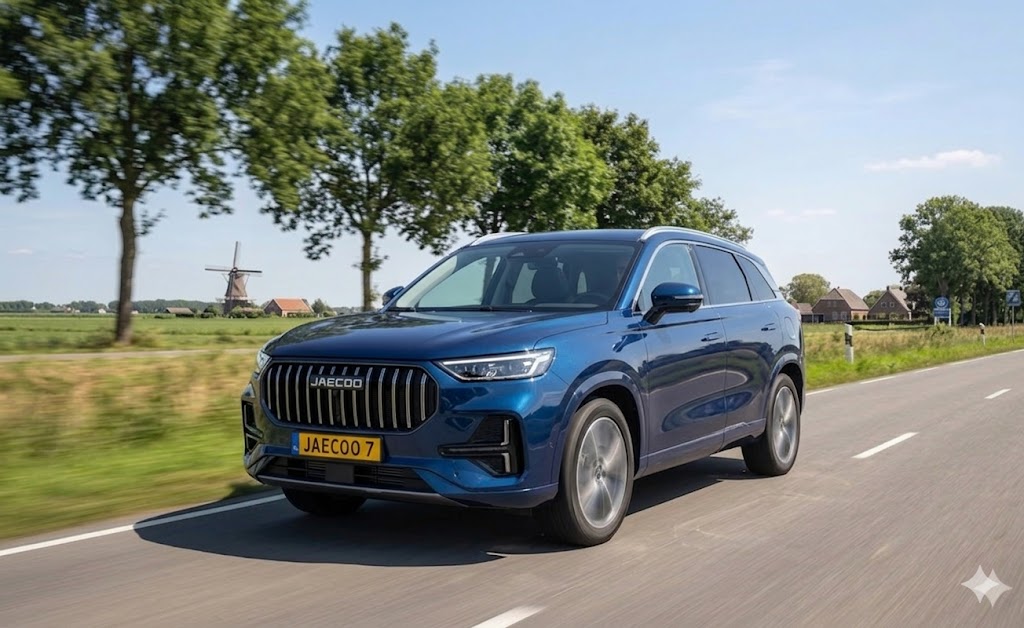Jaecoo J7 rijdend door het Nederlandse polderlandschap - EVTrader® Leasing